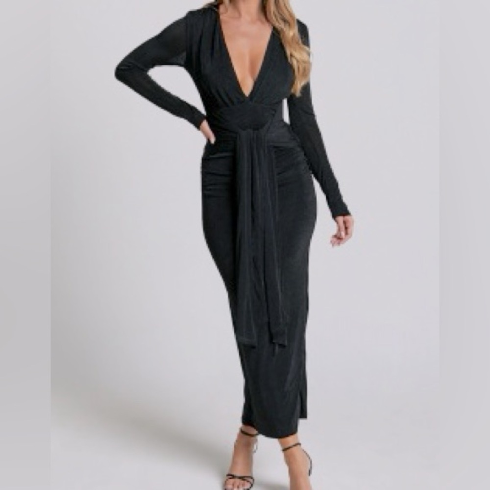 BRAND NEW Black Showpo. Melanie midi dress - plunge long sleeve tie front dress